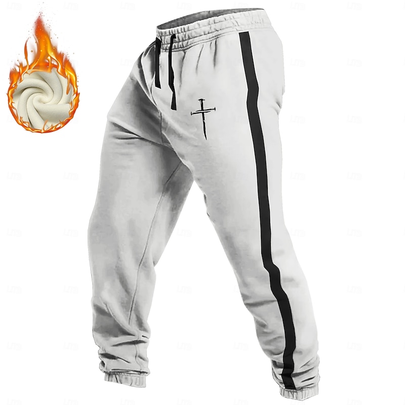 Men's Templar Cross Striped Sweatpants Trousers Fleece Sweatpants Drawstring Elastic Waist Vintage Casual Outdoor Holiday Streetwear Warm Fleece Lined Thermal Winter 3D Print Black White Red4