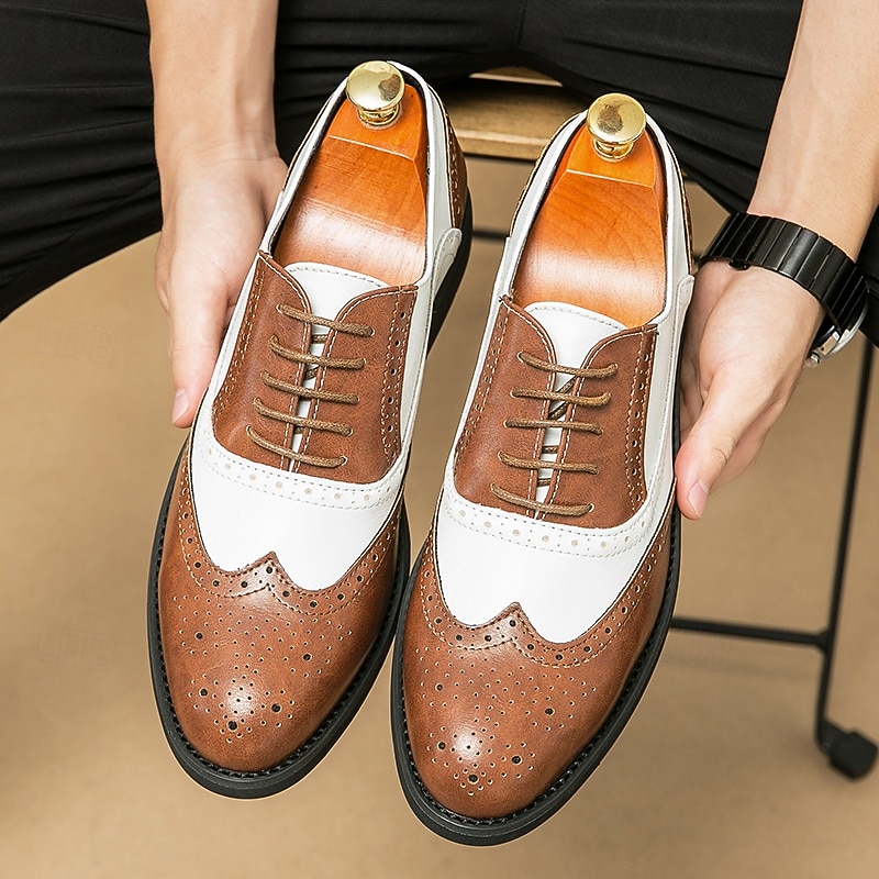 Men's Two-Tone Wingtip Oxford Brogue Shoes in Brown and White, Genuine Leather Gatsby-Inspired 1920s Vintage Dress Shoes for Wedding, Jazz Party, and Formal Events3