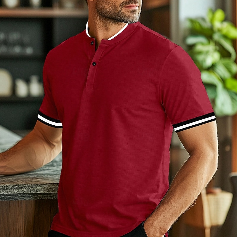 Men's Polo Shirts Collarless Golf Shirts Casual Stand Collar Short Sleeve Basic Comfortable Plain Buttons Summer Spring Regular Fit Black White Red Polo Shirts