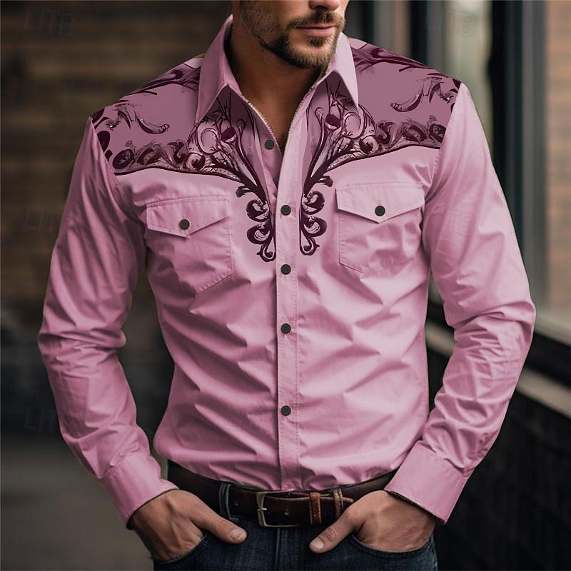 Men's Floral Western Shirt Printed Shirts Long Sleeve Vintage Western Style Daily Wear Going out Weekend Spring & Summer Turndown Pocket Print Button-Down Light Blue White Pink Blue Green3