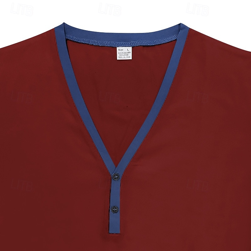 Men's Button T Shirt T Shirt Henley Shirt Tee Short Sleeve V Neck Henley Spring & Summer Color Block Solid / Plain Color Fashion Designer Patchwork Vacation Street Going out Black White Wine Top Tee3