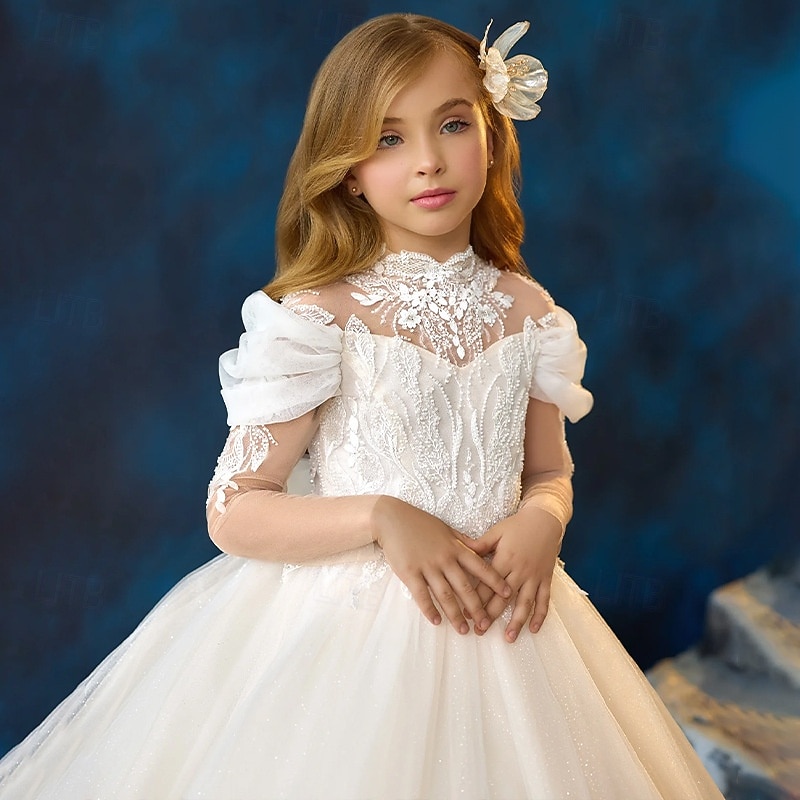 Kids Girls' Flower Girl Dress First Communion Dress Party Dress Solid Color Sleeveless Long Sleeve Performance Wedding Mesh Princess Sweet Mesh Mid-Calf Sheath Dress Tulle Dress Summer Spring Fall2