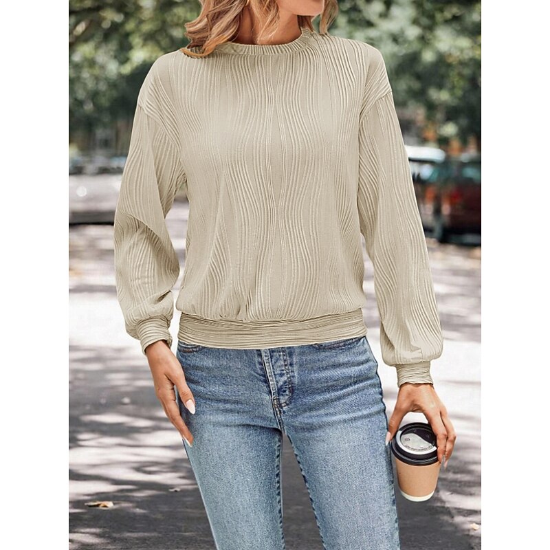 Women's Shirt Blouse Solid Color Basic Casual Long Sleeve Crew Neck Regular Tops Daily Patchwork Black White Beige Fall Winter4