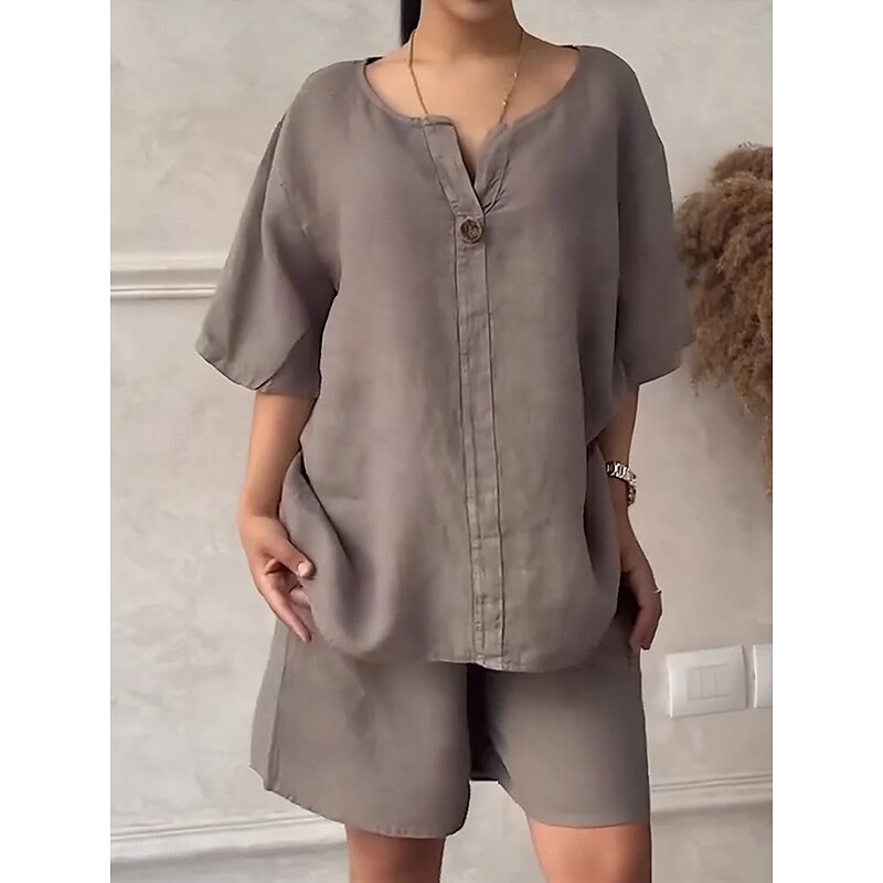 Women's Fashion Streetwear Shirt Linen-Inspired Sets Two Piece Sets Baggy Shorts Short Sleeve Crew Neck Solid Color Patchwork Formal Party Work Red Royal Blue Khaki Spring Loose Fit3