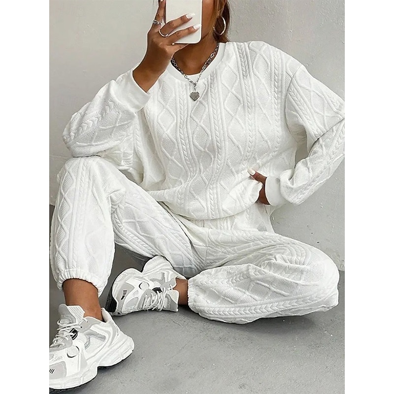 Women's Daily Sweatshirt Trousers Chinos Long Sleeve Round Neck Solid Color Patchwork Outdoor White Pink Rose Red Spring Regular Fit