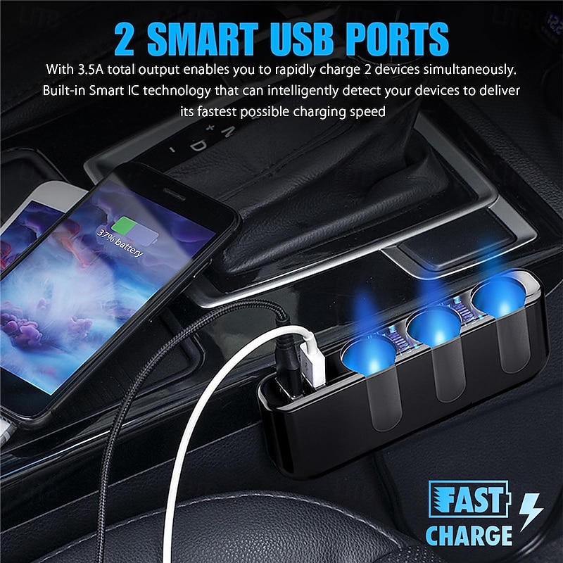 3 Way Car Cigarette Lighter Socket Splitter Dual USB Car Charger Splitter Adapter 5V 3.5A 120W Universal Cigarette Lighter Socket with LED Lights Suitable for Phones GPS DVR Charging2