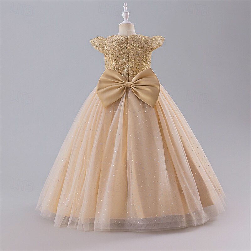 Kids Girls' Flower Girl Dress Party Dress Color Block Sleeveless Performance Wedding Party Tie Knot Beautiful Sweet Polyester Maxi Party Dress Swing Dress A Line Dress Summer 4 years+ White Champagne4