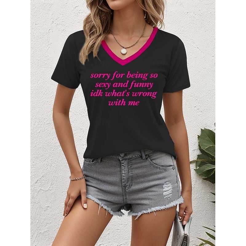 Women's T Shirt Letter Stylish Casual Short Sleeve V Neck Regular Tops Daily Print Black Summer