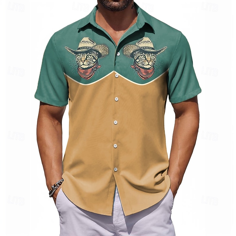 Men's Color Block Cat Casual Shirt Bowling Shirt Button Up Shirt Short Sleeve Artistic Abstract Causal Casual Spring Fall Turndown Button Up Green