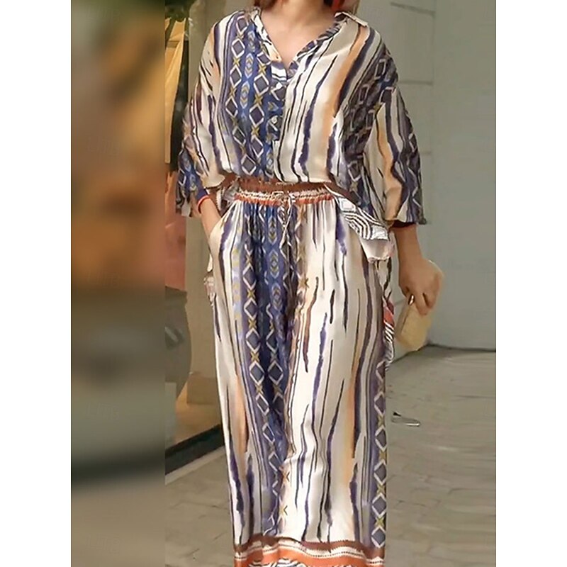 Women's Fashion Streetwear Blouse Wide Leg Pants Long Sleeve Shirt Collar Geometric Formal Party Work White Fall Loose Fit4