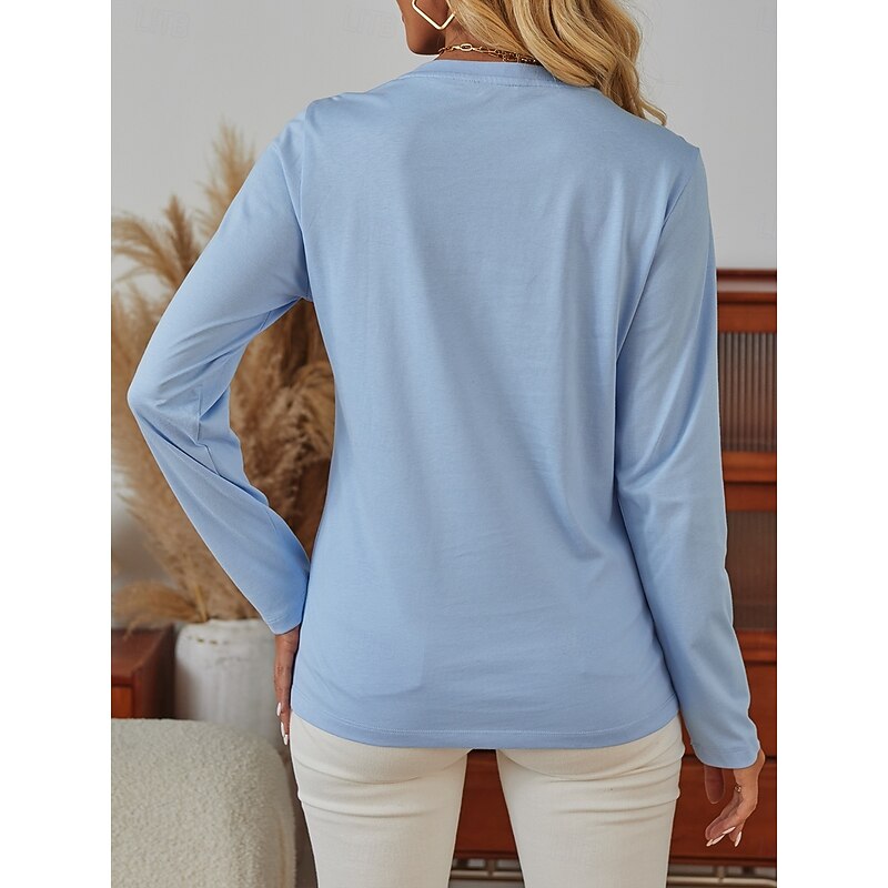 Women's 100% Cotton T Shirt Casual Cat Letter Regular Tops Long Sleeve Round Neck Print Regular Fit Daily Weekend Blue Beige Gray Fall Winter2