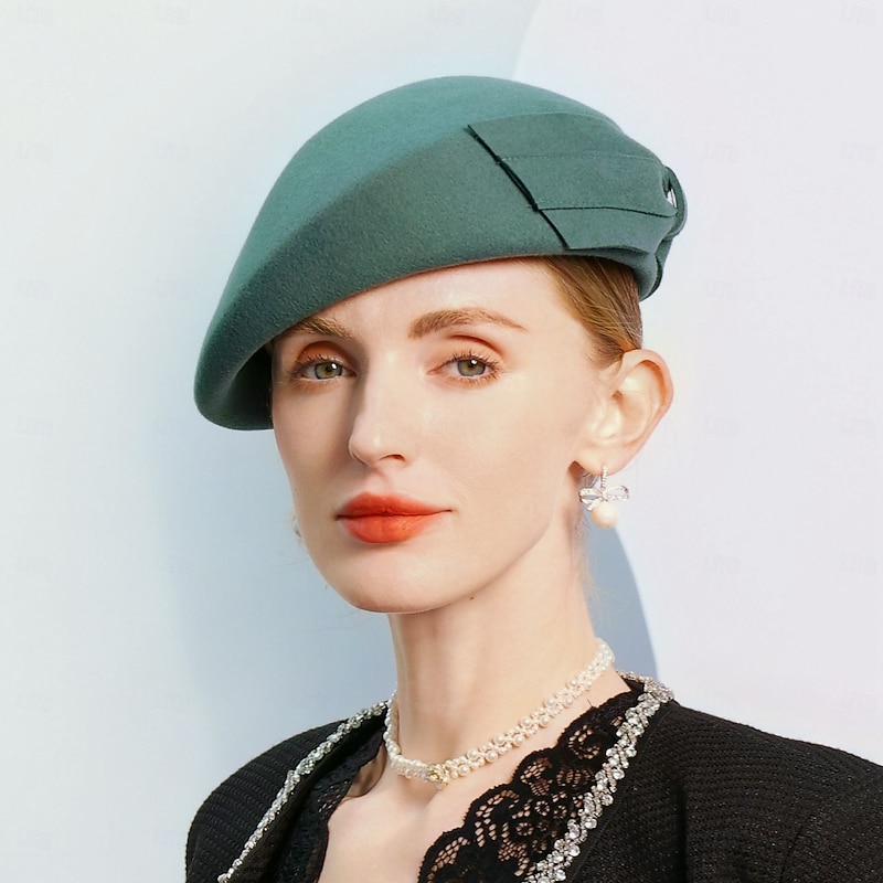 Hats 100% Wool Beret Hat Bowler / Cloche Hat Wedding Tea Party Elegant With Bowknot Pure Color Headpiece Headwear4
