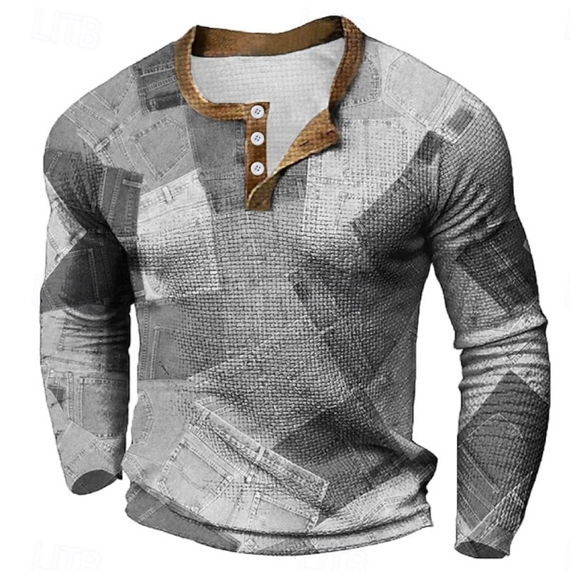 Men's Graphic Geometric Color Block Waffle Henley Shirt Casual Style Classic Style Long Sleeve Fashion Designer Basic Outdoor Daily Spring &  Fall Grey Henley Henley T-Shirt