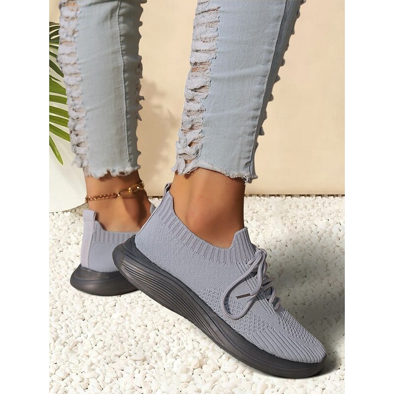 Women's Gray Lightweight Knit Lace-Up Sneakers – Breathable Athletic Shoes for Running, Walking and Everyday Comfort3