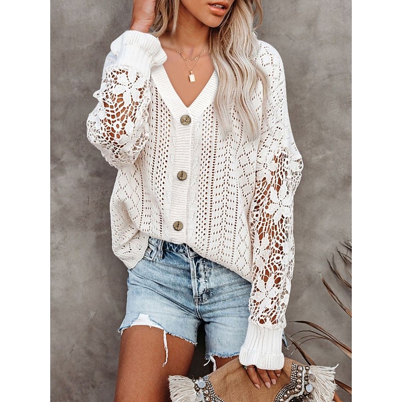 Women's Sweater Cardigan Casual Soft Pure Color Ribbed V Neck Buttons Knitted Hole Long Sleeve Regular Tops Knit Outdoor Daily Weekend Black White Fall Winter