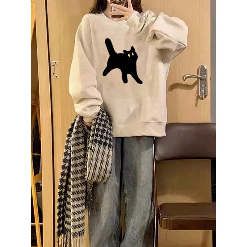 Women's Sweatshirts Cat Casual Long Sleeve Crew Neck Regular Tops Street Dailywear Print White Beige Gray Fall Winter4