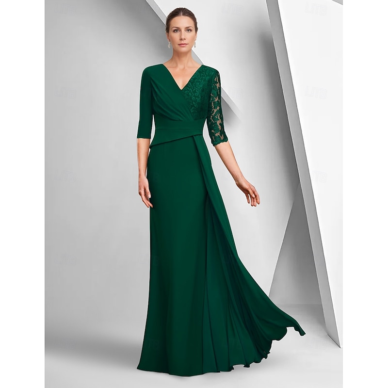 A-Line Dress Mother of the Bride Dress Elegant Bateau Neck Ankle Length Stretch Fabric Half Sleeve with Lace Tier Solid Color