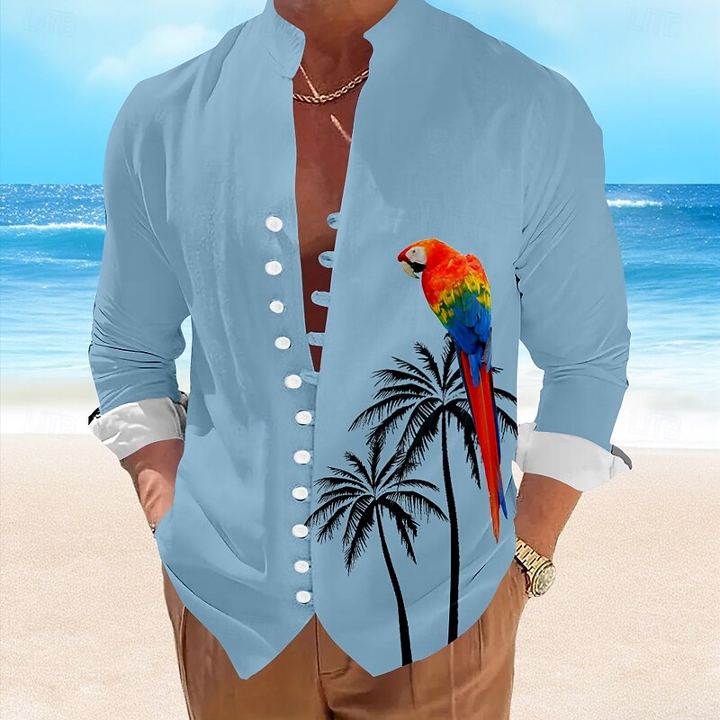 Men's Parrot Summer Hawaiian Shirt Aloha Shirt Long Sleeve Hawaiian Resort Vacation Summer Spring V Neck Button Up White Blue Green Beige4
