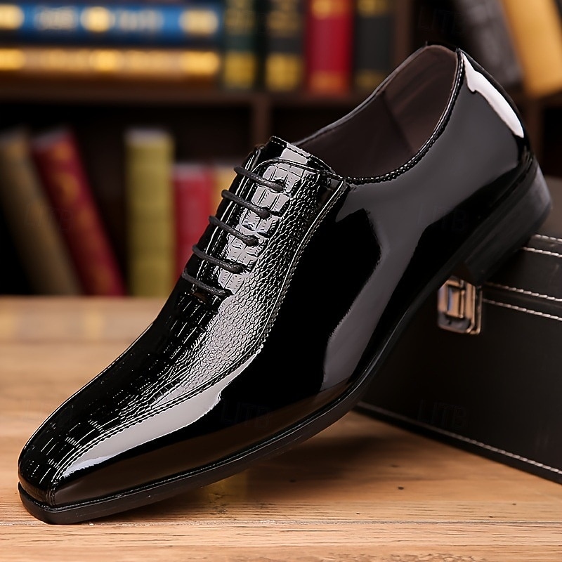 Men's Black Faux Leather Dress Shoes with Crocodile Pattern, Lace-Up Design, and Elegant Formal Style for Office or Special Occasions