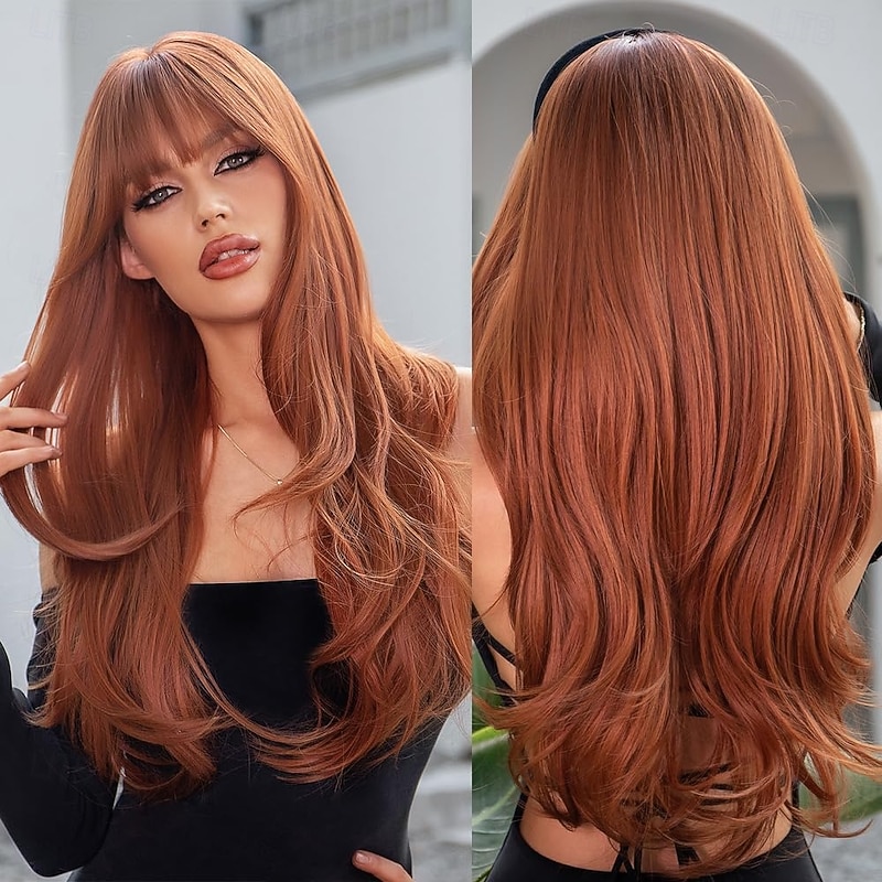 Long Wavy Ginger Wig with Bangs Red Brown Auburn Wigs for Women Heat Resistant Synthetic Fiber for Daily Party Use