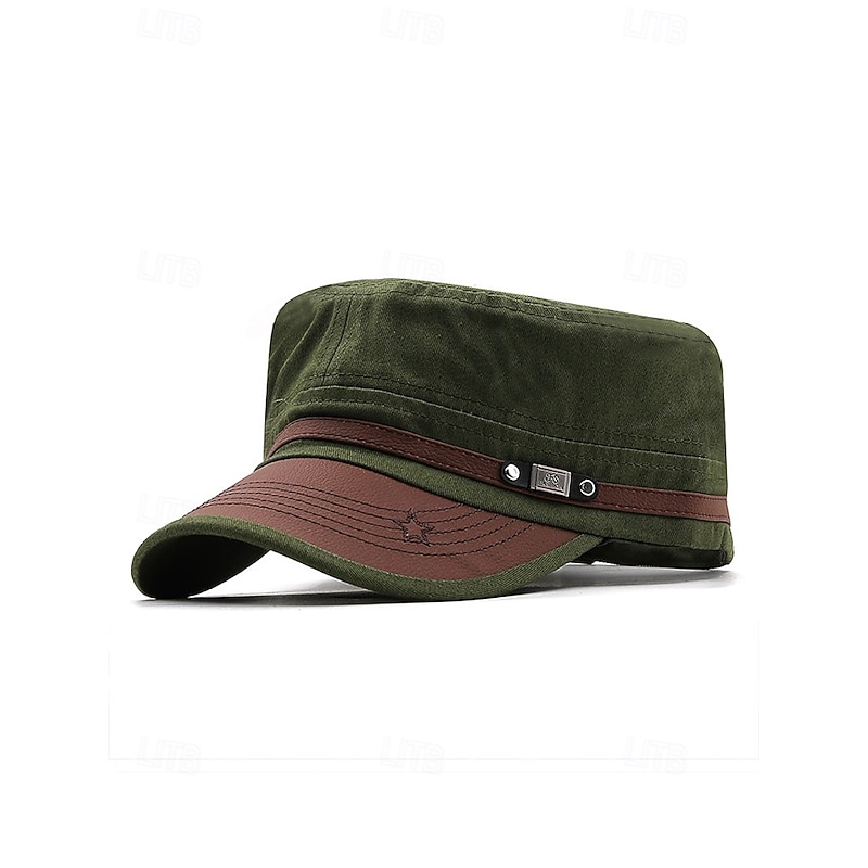 Men's Military Style Polyester Flat Top Cap with Adjustable Strap, Casual Outdoor Sun Hat for Hiking, Travel, and Everyday Wear