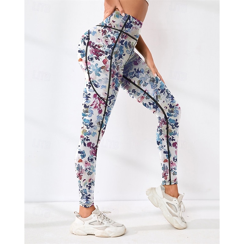 Women's Yoga Pants Yoga Leggings High Waist Pilates Gym Workout Workout Tights Floral Blue Fall Sports Activewear Stretchy Slim4