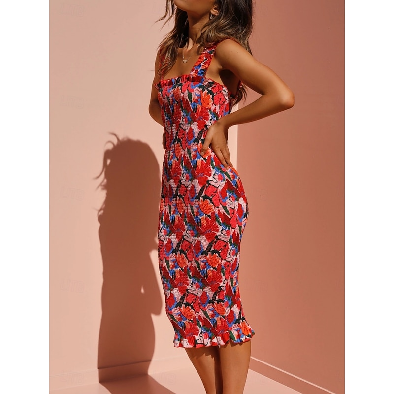 Women's Valentine Dress Bodycon Slip Dress Floral Midi Dress Sleeveless Square Neck Print Regular Fit Vacation Daily Stylish Casual Red Summer Spring3