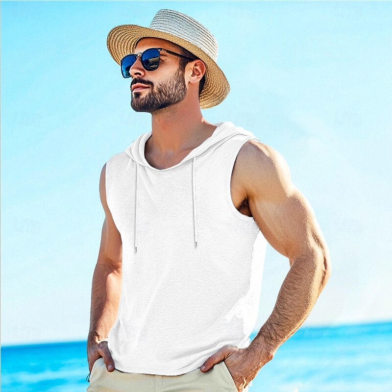 Men's Tank Top Vest Top Sleeveless Hoodie Sleeveless Shirt Sleeveless Hooded Summer Plain Vacation Designer Muscle Outdoor Going out Beaches White Light Blue Gray Top Tee for Men4