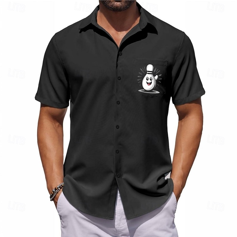 Men's Word / Phrase Casual Shirt Bowling Shirt Button Up Shirt Short Sleeve Casual Fashion Casual Sport Causal Casual Summer Spring Turndown Button Up Pocket Black2