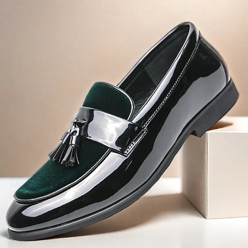 Men's Black Patent Faux Leather Tassel Loafers – Velvet Accent Slip-On Dress Shoes for Wedding and Formal Wear