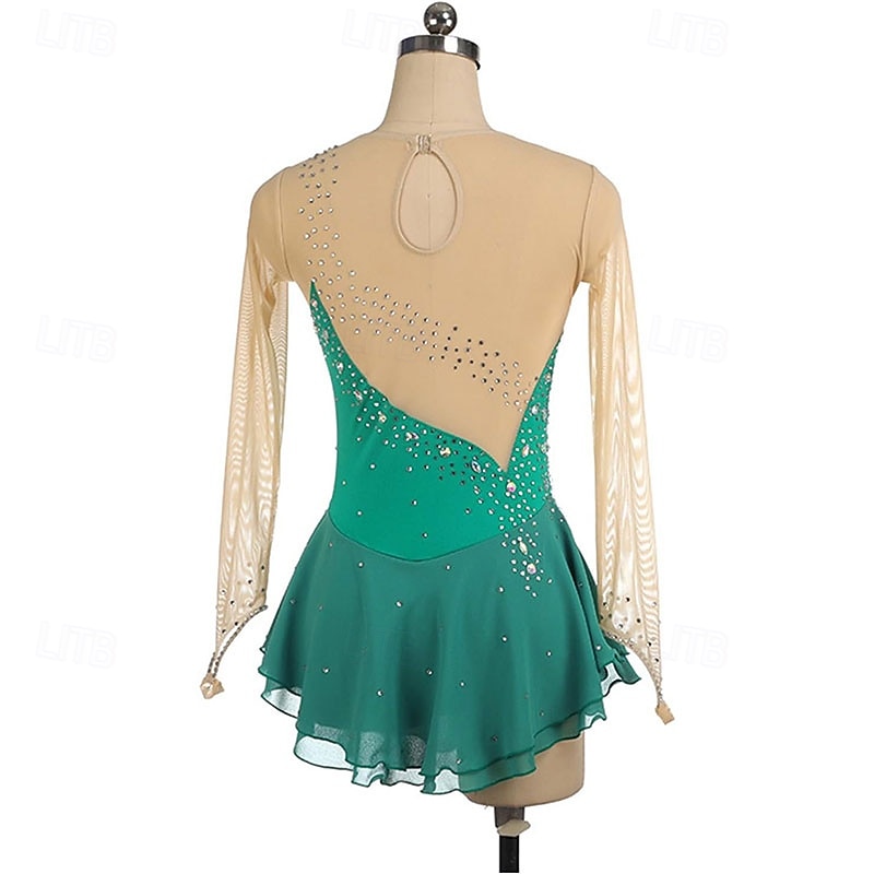 Figure Skating Dress Women's Girls' Ice Skating Dress Green High Elasticity Training Competition Skating Wear Classic Crystal / Rhinestone Long Sleeve Ice Skating Figure Skating3