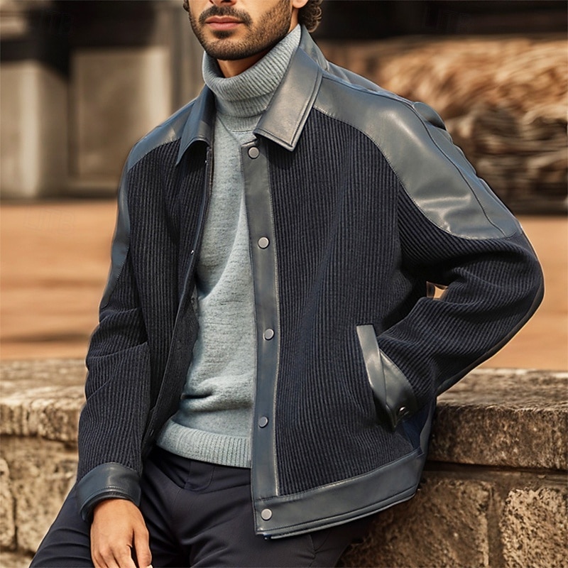 Men's Faux Leather Jacket Corduroy Jacket Transition Jacket Casual Jacket Vacation Daily Warm Pocket Fall & Winter Plain Fashion Classic Lapel Regular Black Jacket