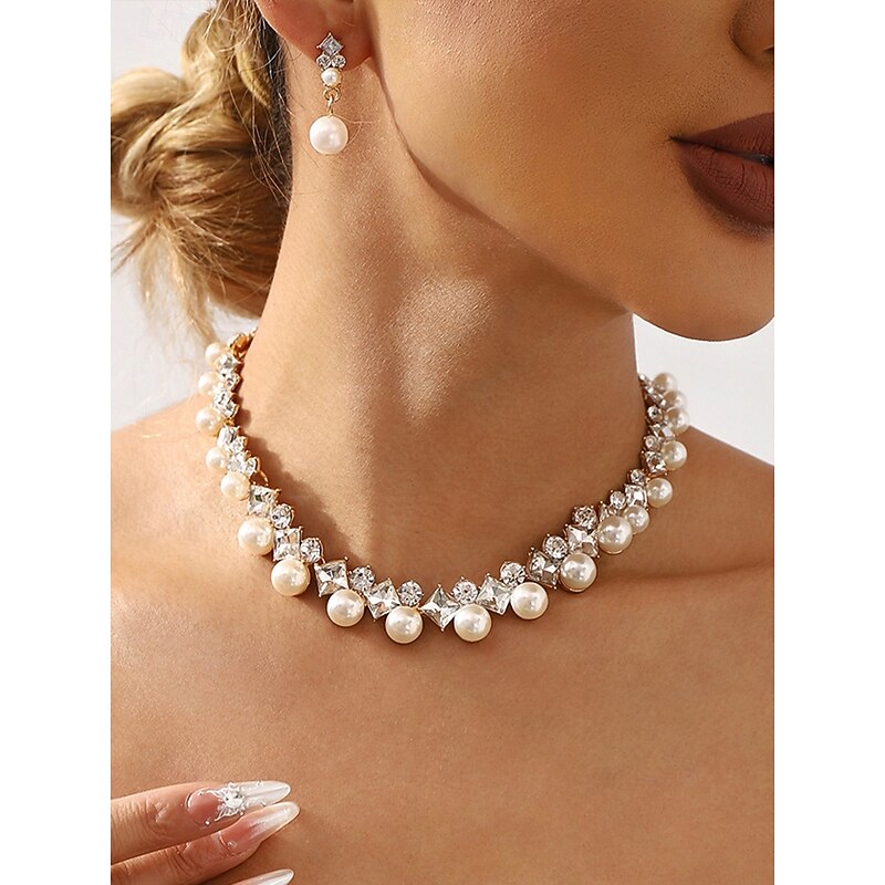 Elegant Pearl and Cubic Zirconia Necklace and Earrings Set with Cubic Zirconia Accents | Perfect for Weddings and Special Occasions