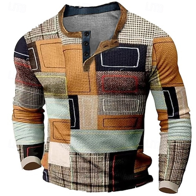 Men's Color Block Geometric Pattern Waffle Henley Shirt Casual Style Classic Style Long Sleeve Fashion Designer Basic Outdoor Daily Spring &  Fall Brown Henley Henley T-Shirt