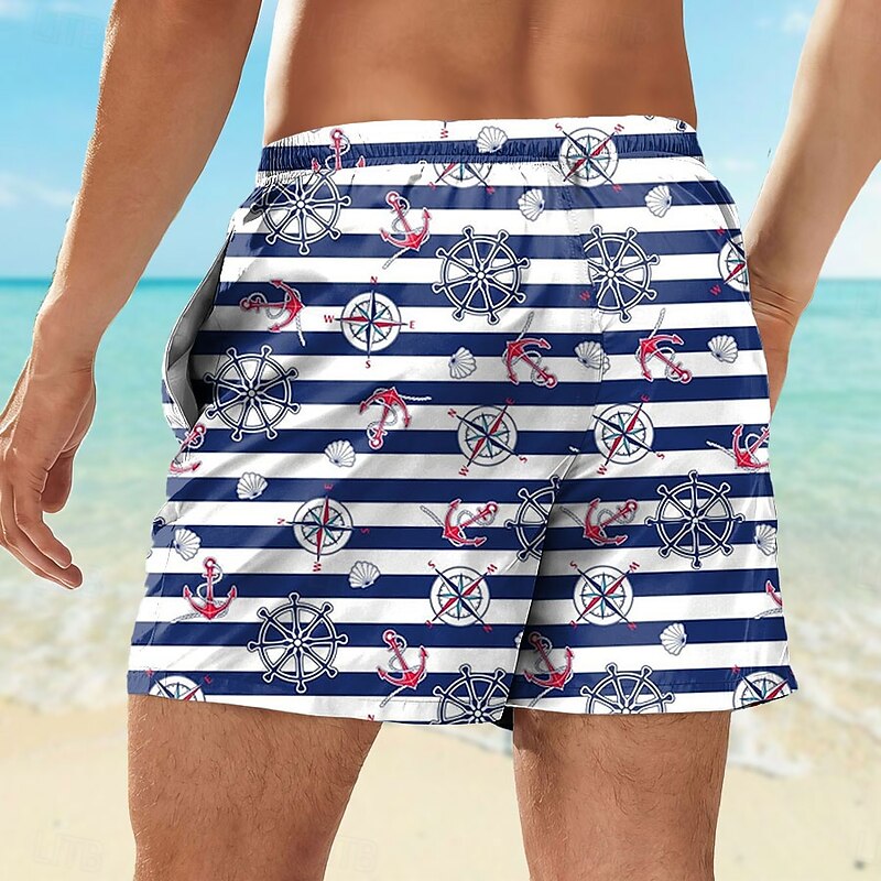 Men's Nautical Compass Sea Creatures Swim Shorts Board Shorts Swimming Trunks Mid Waist Tropical Streetwear Hawaiian Vacation Daily Holiday Drawstring Elastic Waist 3D Print Designer Clothing Apparel2