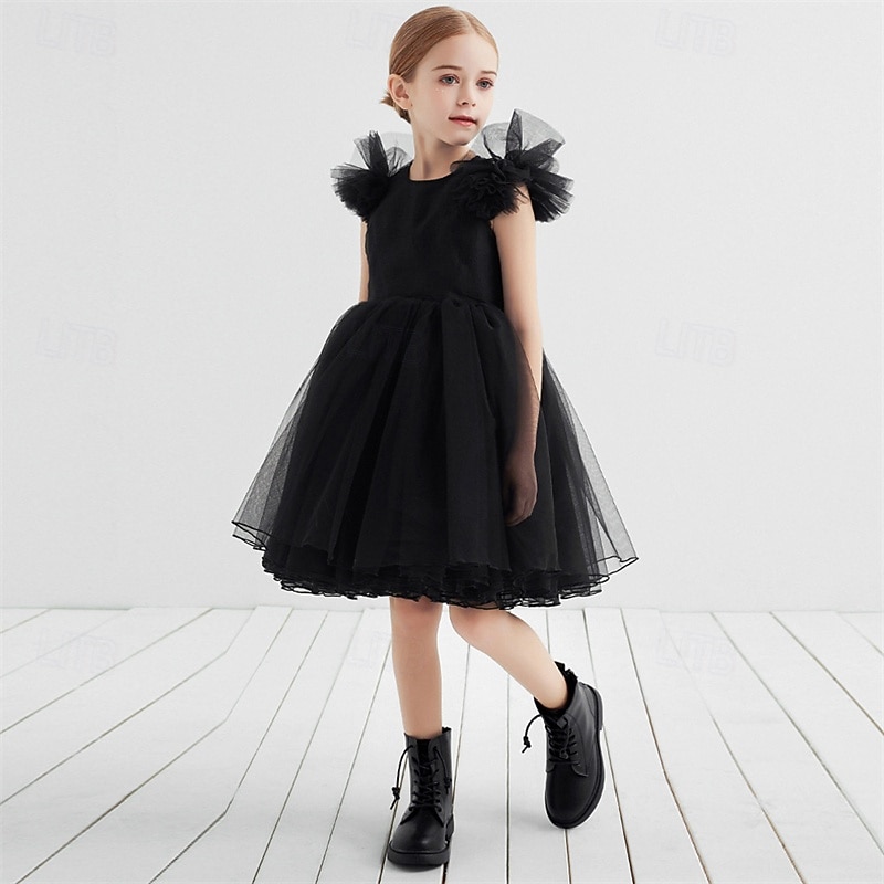 Flower Girl Dress Kid's Girls' Princess Dress Performance Wedding Party Elegant Beautiful Mesh Solid Color Short Sleeve Crew Neck Black White 4 years+4