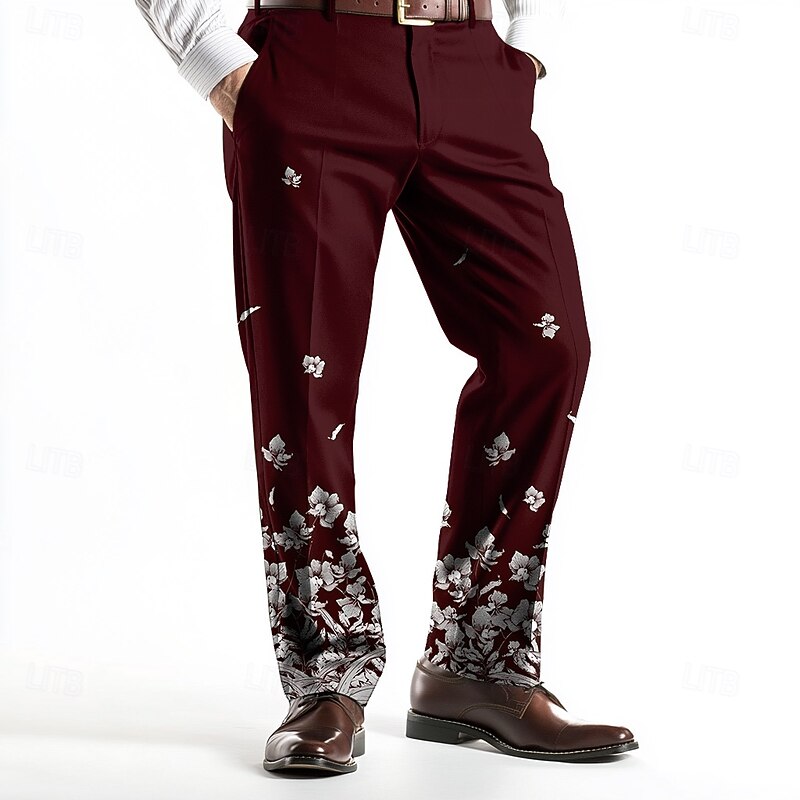 Men's Floral Print Trousers Dress Pants Mid Waist Business Casual Wedding Holiday Dads Day Gifts Flat-Front Straight Leg Trousers Summer Spring Fall 3D Print Black Wine Blue3