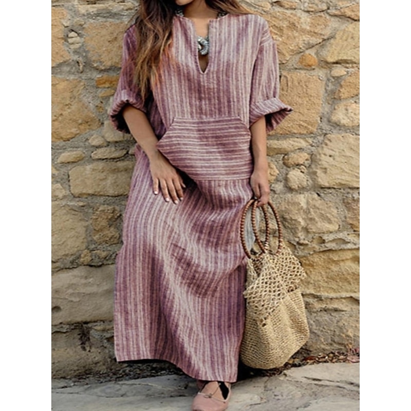 Women's Normal Maxi Dress Linen-Inspired Dresses Stylish Casual Vacation Daily Regular Fit Graphic Long Sleeve Crew Neck Red Green Gray Spring Fall - Main Image