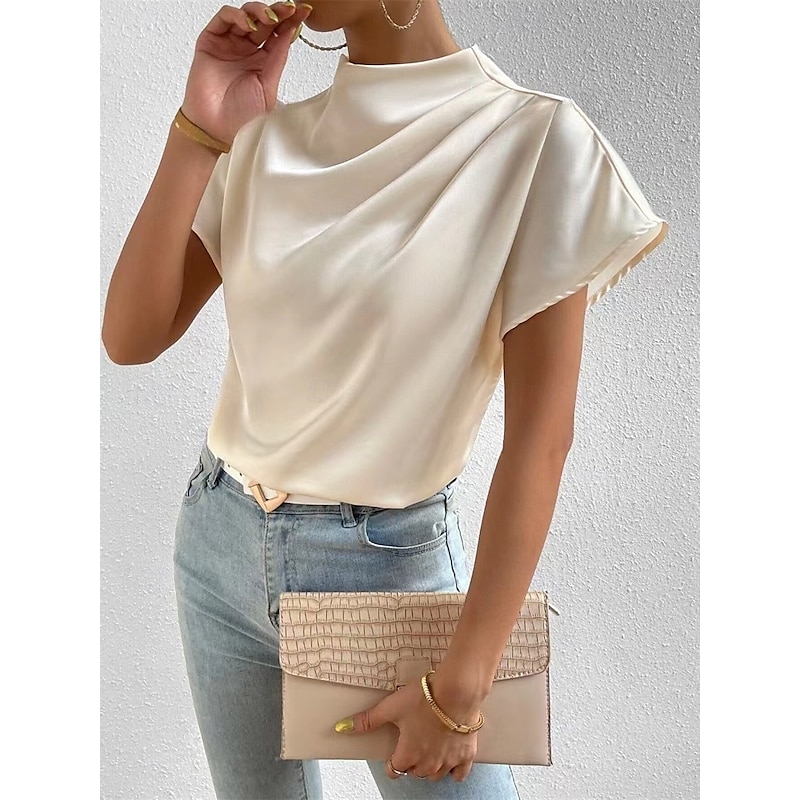 Women's Elegant Dressy Satin Blouse Solid Color Daily Stylish Casual Short Sleeve Crew Neck Regular Tops Daily Patchwork Black White Pink Summer Spring Fall3