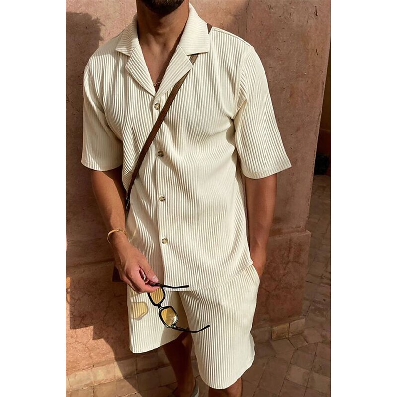 Men's 2 Piece Shirt Set Summer Set Matching Sets Casual Shirt Corduroy Shirt Black Pink Navy Blue Beige Gray Short Sleeve Plain Collar Vacation Daily Clothing Apparel Fashion Casual Comfortable2
