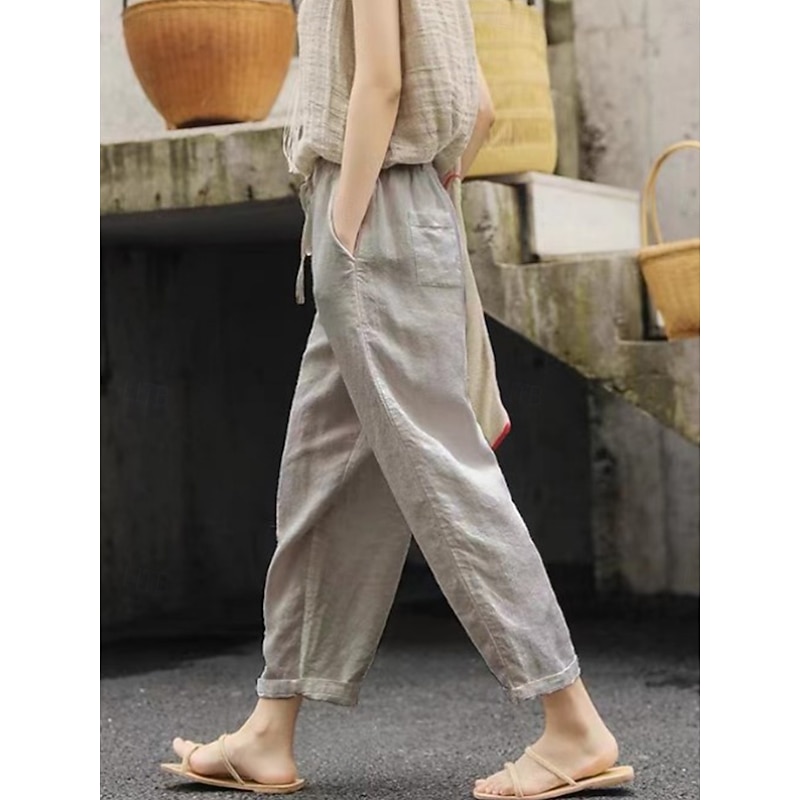 Women's Cotton Linen Shorts Linen-Inspired Pants Cotton Linen Pants Simple Classic & Timeless Full Length High Waist Solid Color Patchwork Pocket Drawstring Comfy Quick Dry Breathability Micro-elastic2