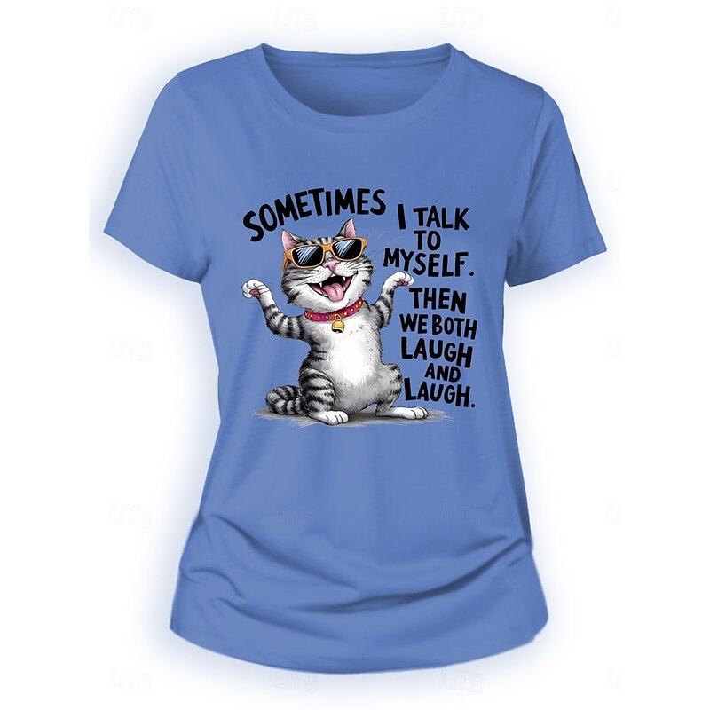 Women's 100% Cotton T Shirt Casual Cat Regular Tops Short Sleeve Round Neck Print Regular Fit Daily White Blue Beige Summer4