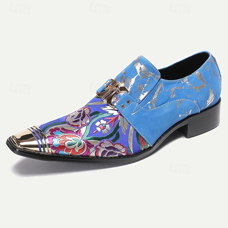 Men's Blue Floral Pattern Cowhide Leather Loafers with Metal Toe Cap – Stylish Dress Shoes for Weddings, Parties, and Formal Events4