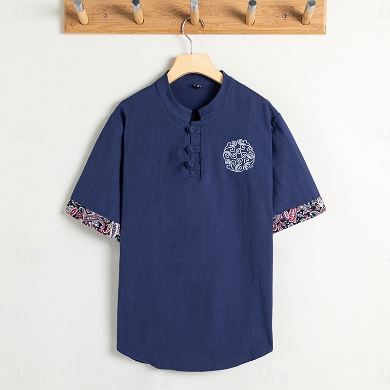 Men's Button T Shirt Henley Shirt Tee Tee Top Short Sleeve Henley Spring &  Fall Boho Paisley Damask Solid / Plain Color Fashion Designer Buckle Vacation Street Going out Black Light Green White Top3