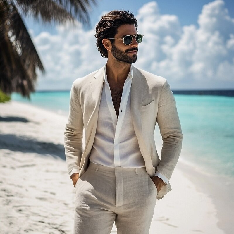 Men's Beach Wedding Linen Suits Notch Lapel Beige Solid Colored Tailored Fit 2 Piece Single Breasted One-button