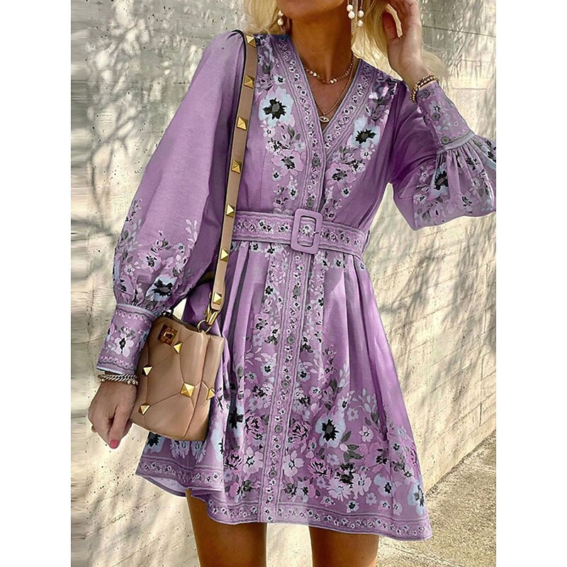 Women's Mini Dress Petite Dress Casual Dress Boho Chic Dresses Boho Dress Elegant Bohemia Cute Vacation Daily Beach Loose Fit Graphic Long Sleeve V Neck Light Green Sky Blue Purple Spring Fall2