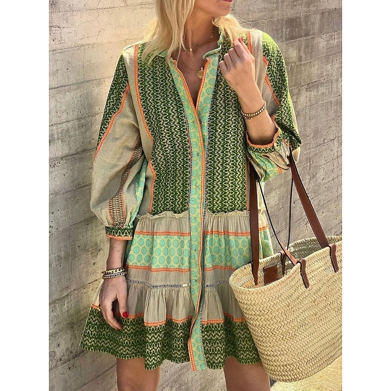 Women's Mini Dress Petite Dress Casual Dress Swing Dress Boho Dress Casual Daily Regular Fit Geometric Long Sleeve Turtleneck Green Summer Spring Fall3