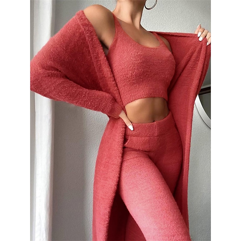 Women's Loungewear Sets 3 Pieces Pure Color Fashion Plush Casual Home Daily Vacation Knit Cotton Blend Warm Breathable Crew Neck Long Sleeve Pant Fall Winter Home Outfits3