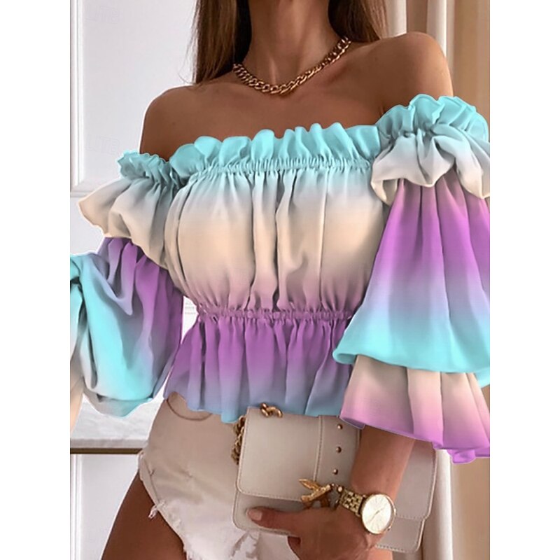 Women's Shirt Blouse Ombre Color Block Casual Half Sleeve Off Shoulder Regular Tops Daily Ruffle Print Pink Blue Green Summer