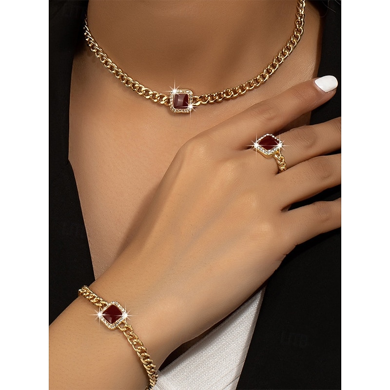 Women's Gold Chain Jewelry Set with Red Square Gemstone – Necklace, Bracelet, and Ring for Weddings, Parties, and Elegant Occasions